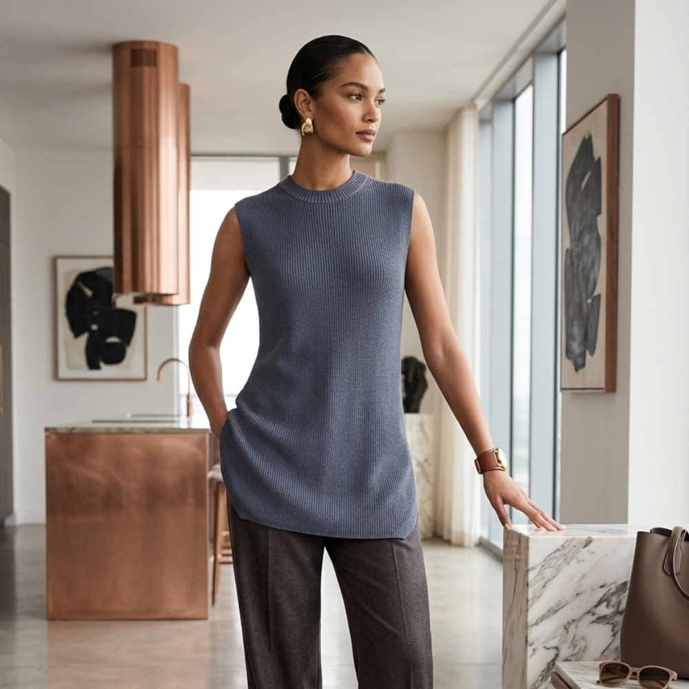 CALLAHAN Ribbed Shaker Knit Tunic Sweater - Slate Blue- Large